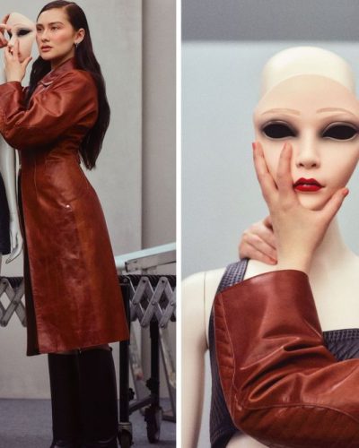 Lili Reinhart in fashionable structured suit with delicate color palette