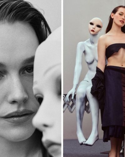 Lili Reinhart in refined light blue and white tailored jacket and trousers