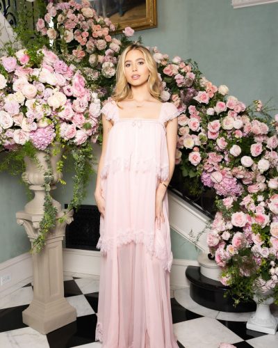 Lilia Buckingham light pink dress featuring intricate lace