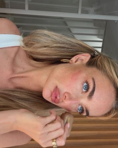 Lilia Weddell in two-piece bikini featuring subtle polka dots