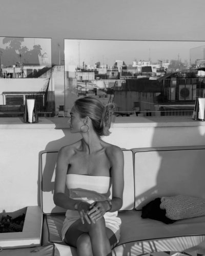 Lilia Weddell in classic black and white polka dot bikini