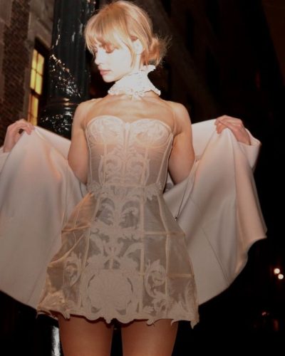 Lucy Fry refined dress with delicate lace embellishments