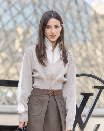 Madeline Argy chic beige sweater with rich khaki skirt
