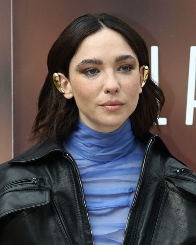 Matilda De Angelis brown leather skirt paired with purple heels