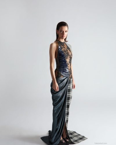 Maura Higgins modern gray dress with stylish collar detail