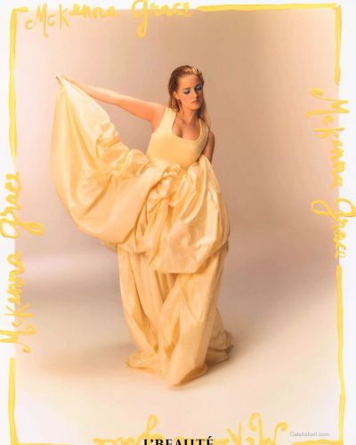 McKenna Grace light textured blouse paired with oversized creamy blazer