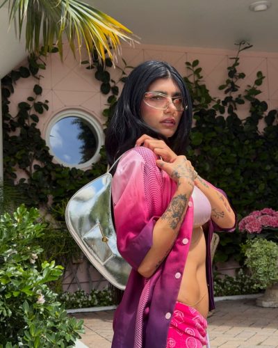 Mia Khalifa in soft pink bikini with sunglasses