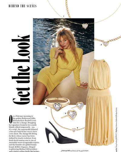 Miranda Kerr in vibrant dress complemented by natural elements