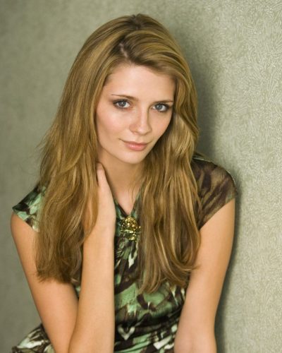 Mischa Barton in an earthy tone patterned dress