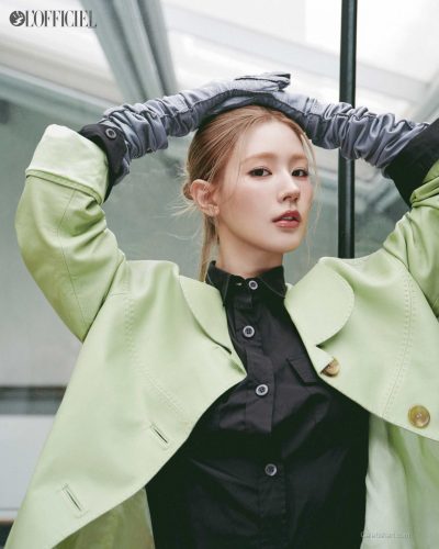 Miyeon in red sweatshirt and trendy lilac shorts