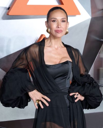 Myleene Klass black sheer robe layered over bodysuit