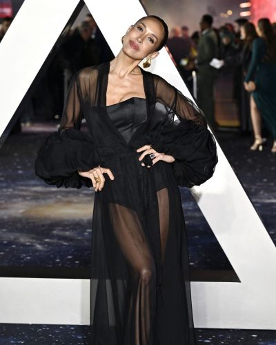 Myleene Klass black sheer robe accentuating graceful posture
