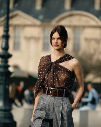 Nadine Leopold styled with brown polka dot top and checkered bottoms