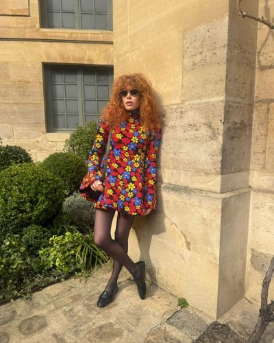 Natasha Lyonne black pantsuit creating a striking contrast