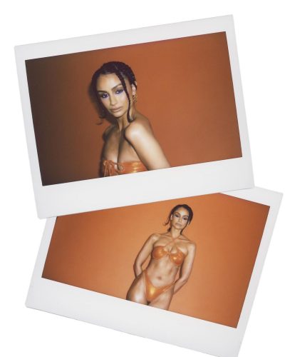 Nazanin Mandi in trendy orange bikini with modern silhouette.