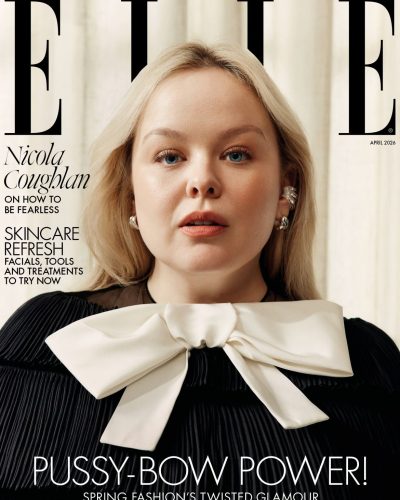 Nicola Coughlan black gown with contrasting white bow feature