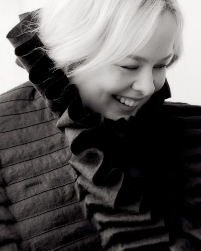 Nicola Coughlan black skirt with unique layered fabric design