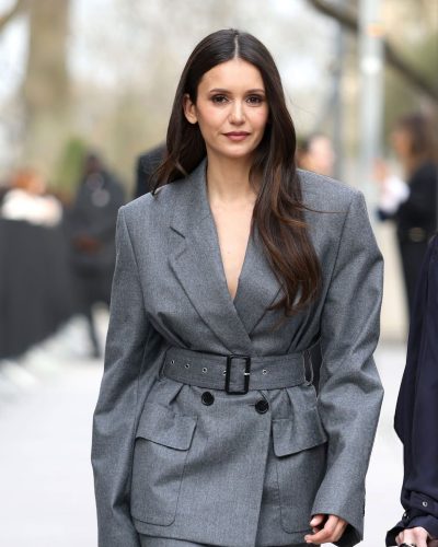 Nina Dobrev gray tailored blazer with belted waist and pockets