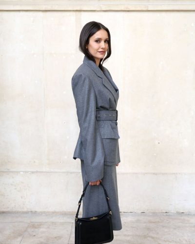 Nina Dobrev modern gray blazer featuring chic pockets