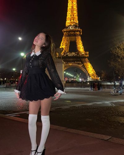 Olivia Rodrigo petite black dress with delicate lace overlay