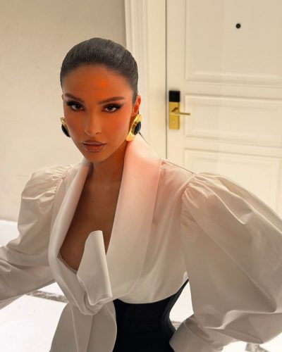 Oriola Marashi oversized sleeve blouse and tailored shorts