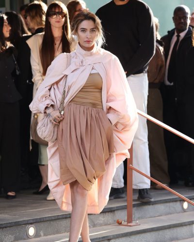 Paris Jackson wearing flowing pink coat and nude high heels