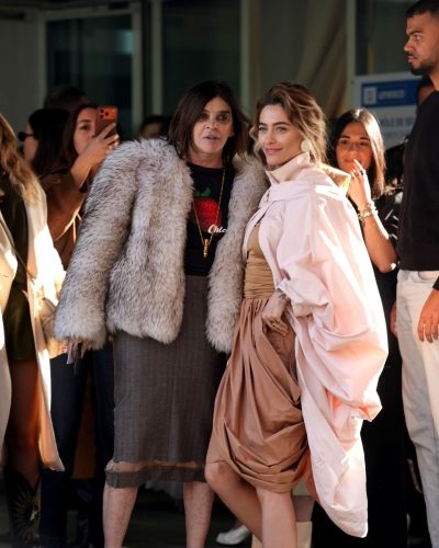 Paris Jackson clear heels complementing pink and beige