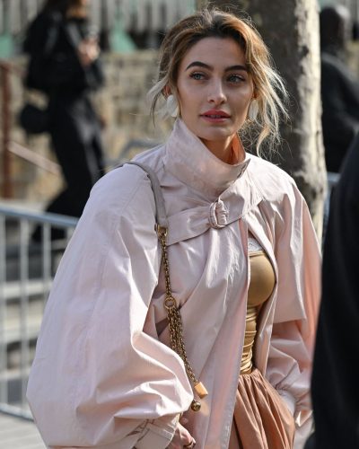 Paris Jackson pink ensemble with beige skirt