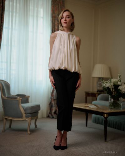 Phoebe Dynevor refined white tunic and classic black trousers