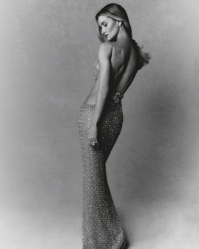 Phoebe Tonkin in a brushed silk gown with delicate neckline