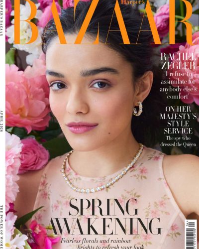 Rachel Zegler delicate necklace with red sheer gown