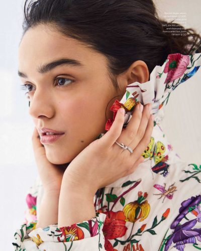 Rachel Zegler intricate ruffles on sheer red gown