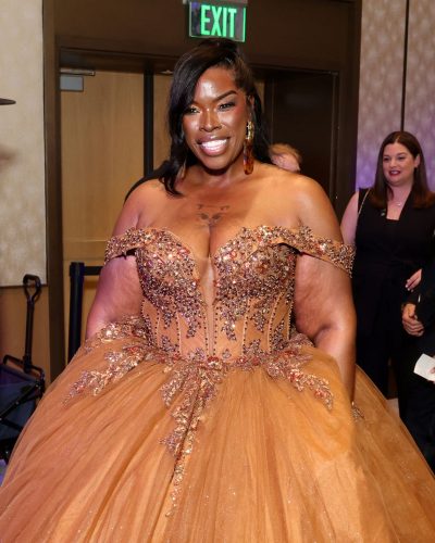 Raeshanda Lias elegant amber gown with delicate embellishments