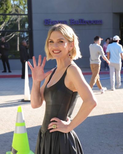 Rhea Seehorn black leather gown with voluminous skirt