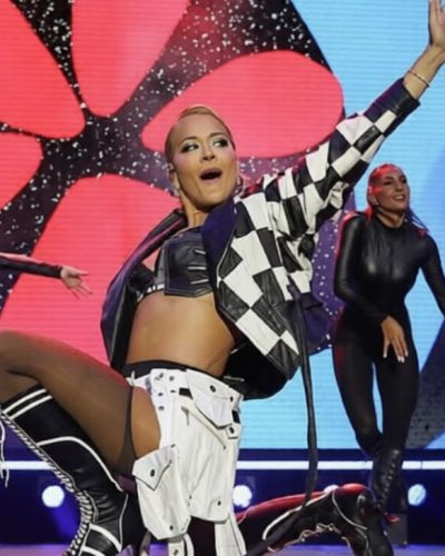 Rita Ora black and white checkered jacket with black bodysuit