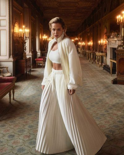 Rita Ora in form-fitting black swimsuit paired with glossy gloves