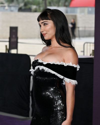 Rowan Blanchard floral embellished black dress with intricate back design