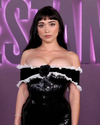 Rowan Blanchard black off-the-shoulder gown with shimmering sequins