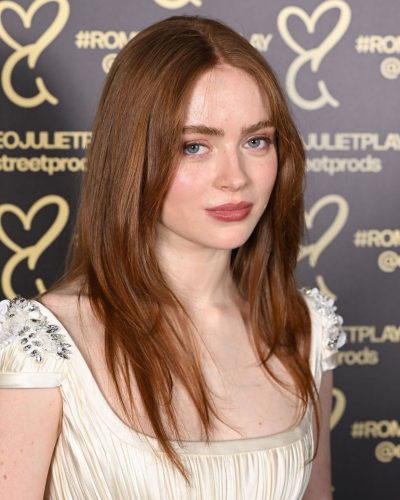 Sadie Sink delicate pleats on cream evening gown