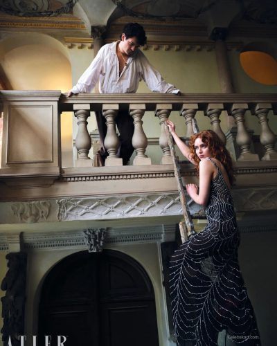 Sadie Sink dressed in a flowing black dress with lace.