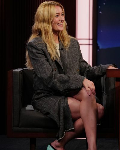 Sarah Pidgeon chic mint green heels with gray blazer