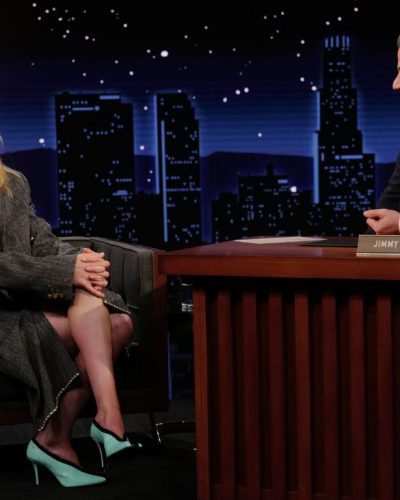 Sarah Pidgeon gray blazer and mint green heels combination