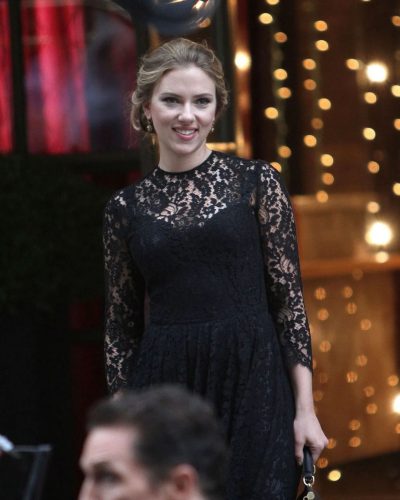 Scarlett Johansson black lace dress capturing urban chic style