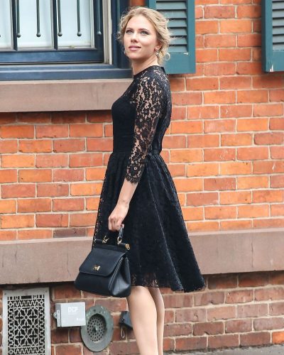 Scarlett Johansson black slingback heels paired with lace dress