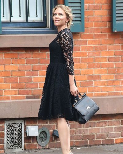 Scarlett Johansson black lace dress catching light beautifully