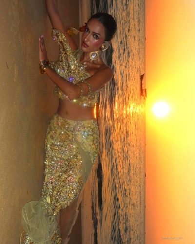 Seerat Saini wears a sparkling golden crop top and skirt.