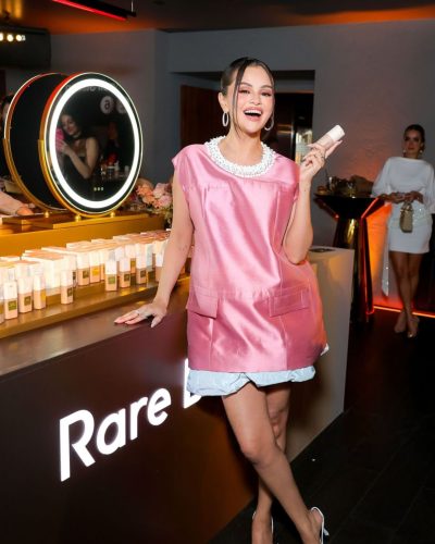 Selena Gomez whimsical pink dress with sophisticated silhouette