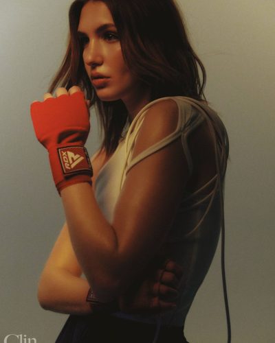 Sophie Nelisse in red jersey combined with sophisticated lace shorts.