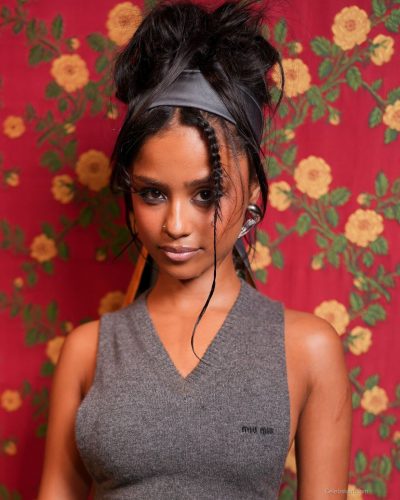 Tyla brown handbag and grey sleeveless top ensemble