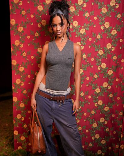 Tyla navy oversized trousers styled with grey sleeveless top
